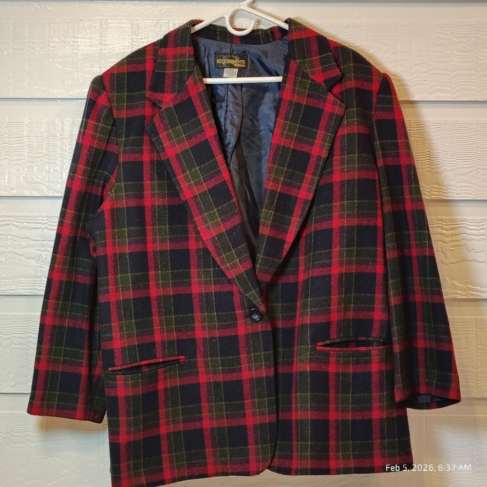 Requirements VTG 18W Red Navy Green Plaid Wool Blend Blazer Academia Holiday